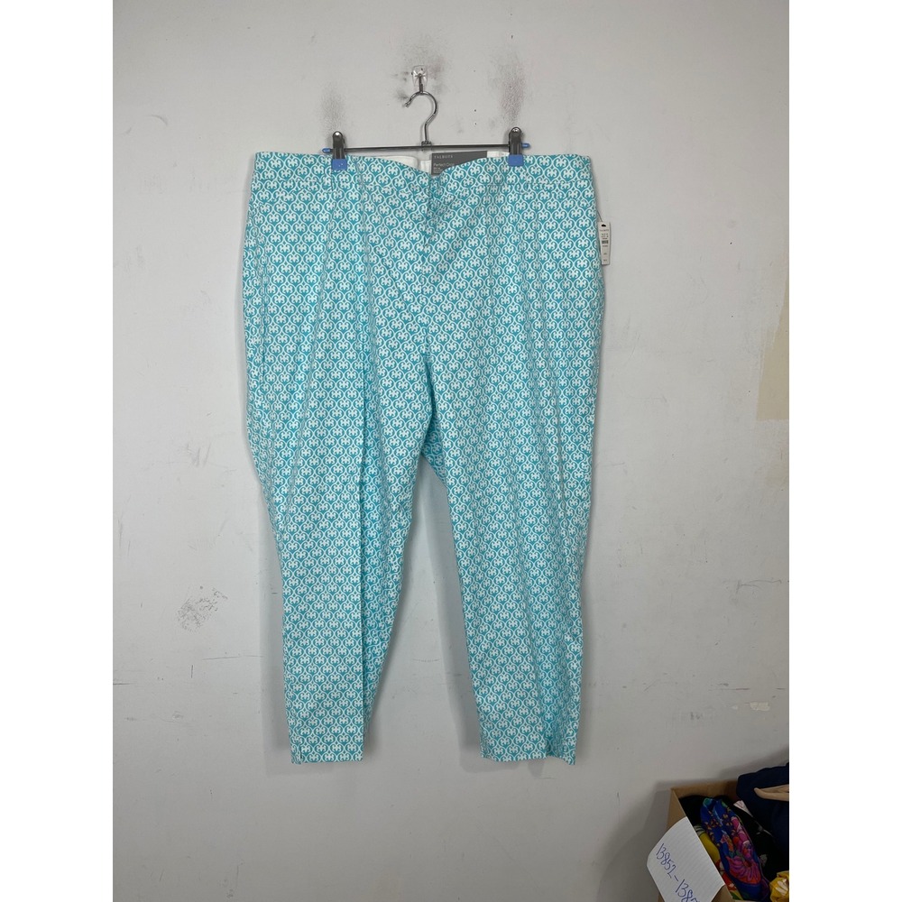 Talbots Perfect Crop Pants Womens 22W Turquoise White Geometric Slim Leg New